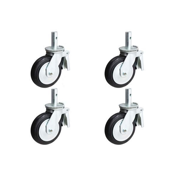 8"x2" Scaffold Caster W/ Brake, Mold-ON-Rubber Wheel, Metal Th, PK4